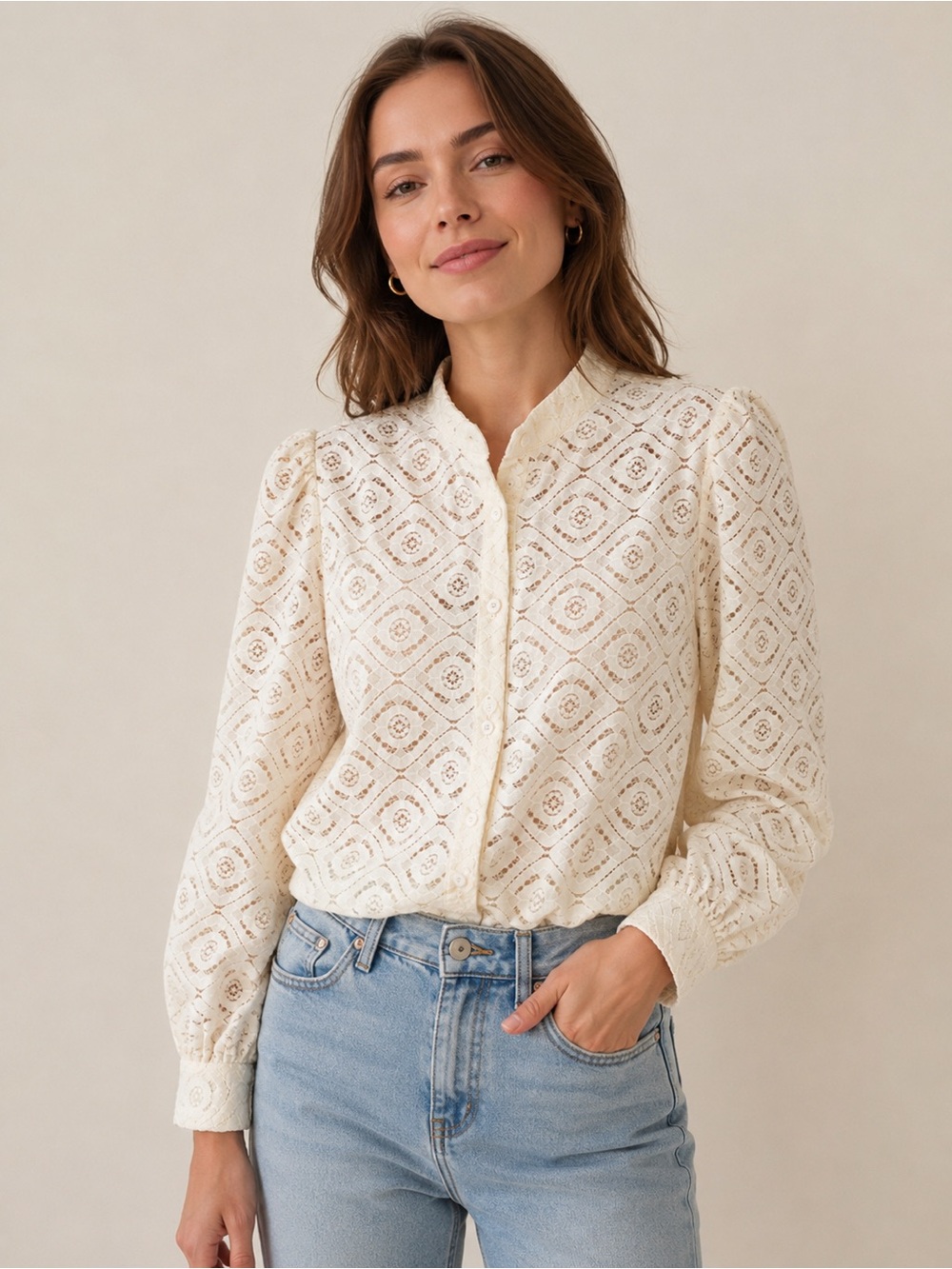 FRNCH Paris Cream Lace Button Front Blouse | Size XS